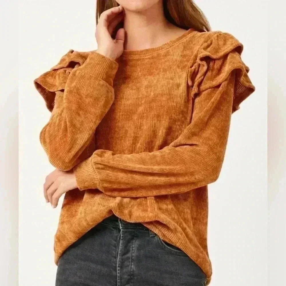 NWOT HAYDEN L.A. Ruffle Shoulder Caramel Knit Top | size Small